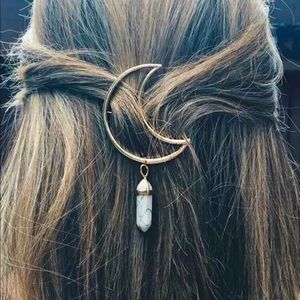 Marble stone crystal moon shaped hair clip